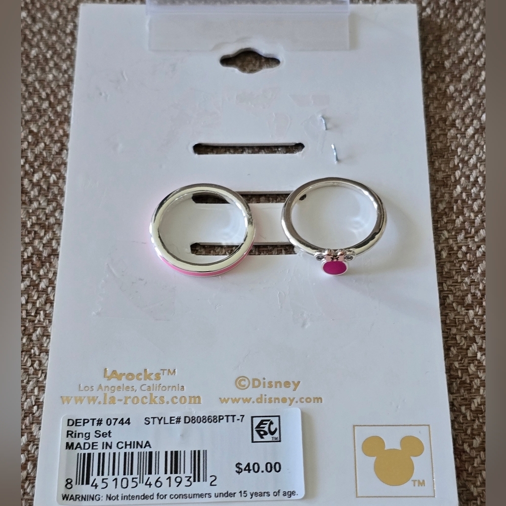 Disney Minnie Mickey Mouse Silver Ring Set Pink 14k Plated Cubric Zirconia Sz 7
